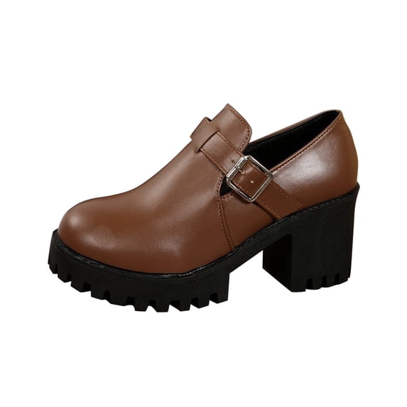 Xfvqtps Womens Loafer with Buckle Chunky Heel Fashion Casual Flats Round Toe Leather Mary Jane Shoes Slip On Walking Shoe for Ladies