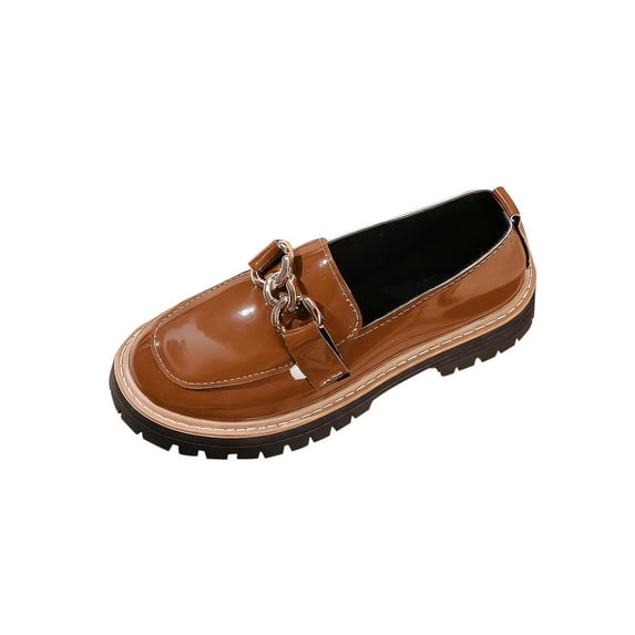 Xfvqtps Womens Loafers Leather Slip on Shoes with Chain Detail Chunky Sole Casual Comfortable Footwear for Daily Wear Brown