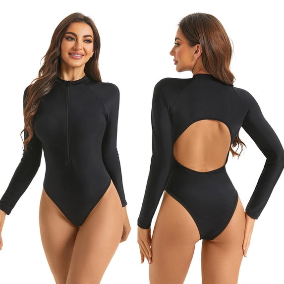 Xfvqtps Womens Long Sleeve Rash Guard Bathing Suit Zip up Backless Breathable Athletic One Piece Swimsuits Modest Surfing Swimwear Black