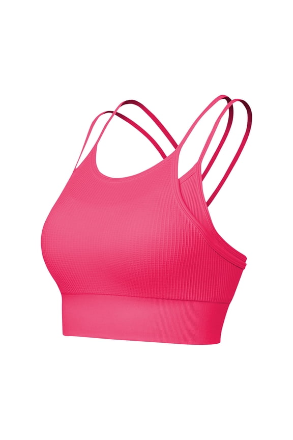Womens Longline Sports Bra Strappy Padded Workout Top Double Layered Crop Tank Tops Hot Pink