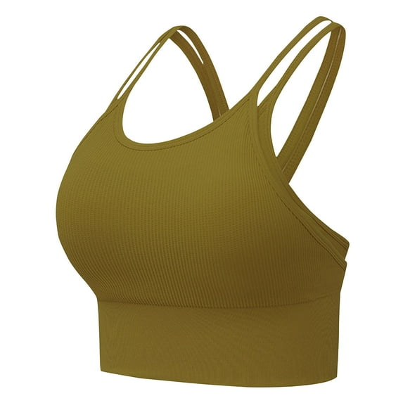 Xfvqtps Womens Longline Sports Bra Strappy Padded Workout Top Double Layered Crop Tank Tops Yellow