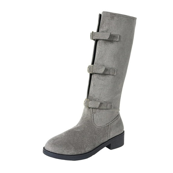 Xfvqtps Womens Low Heel Knee High Boots Square Chunky Heel Comfortable Boots Adjustable Buckle Side Zipper Suede Casual Fashion Boots for Daily Wear Gray