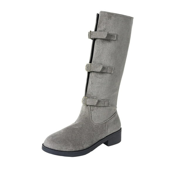 Xfvqtps Womens Low Heel Knee High Boots Square Chunky Heel Comfortable Boots Adjustable Buckle Side Zipper Suede Casual Fashion Boots for Daily Wear Gray