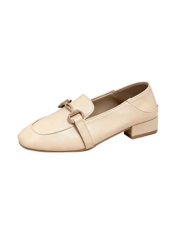 Womens Low Heel Loafers Slip on Shoes with Metal Decor Vintage Style Casual Flat Shoes Comfortable Slip-On Walking Shoes Faux Leather Pumps White