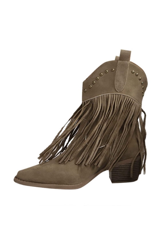 Womens Low Heel Short Boots Suede Pointed Toe Ankle Boots with Tassels Western Style Fashion Boots for Fall Winter Trendy Army Green