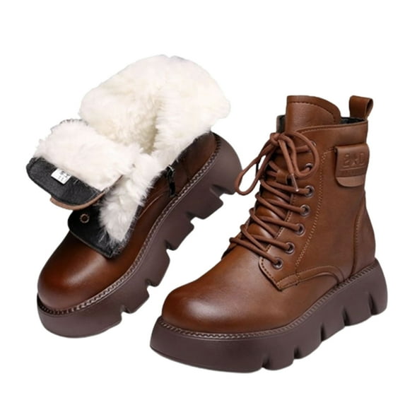 Xfvqtps Womens Martin Boots Plush Fleece Line Thick Bottom Lace up Lightweight Non Slip Martin Flatform Ankle Boots Cotton Short Boots Brown