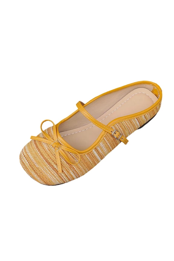 Womens Mary Jane Flats Mules Striped Round Toe with Buckle Strap Comfortable Casual Slip ons for Women Low-Cut Breathable Everyday Flats Yellow