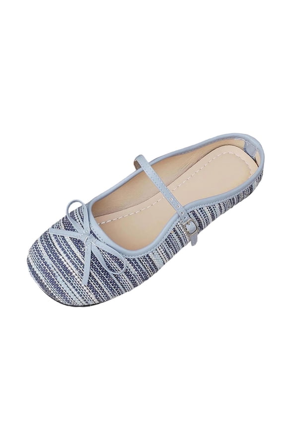 Womens Mary Jane Flats Mules Striped Round Toe with Buckle Strap Comfortable Casual Slip ons for Women Low-Cut Breathable Everyday Flats Blue