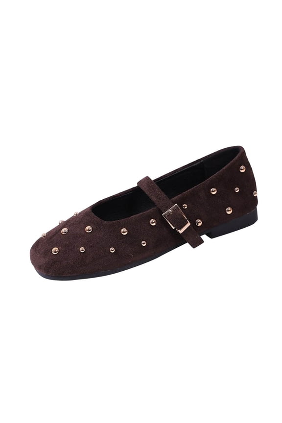 Womens Mary Jane Flats Slip on Shoes with Studded Detail Soft Casual Flat Shoes Comfortable Slip on Flats for Women Brown