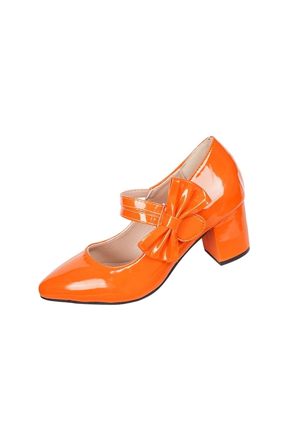 Womens Mary Jane Heels Glossy Patent Leather Pointed Toe Block Heel Chunky Shoes with Bow Decoration Elegant Dress Shoes for Women