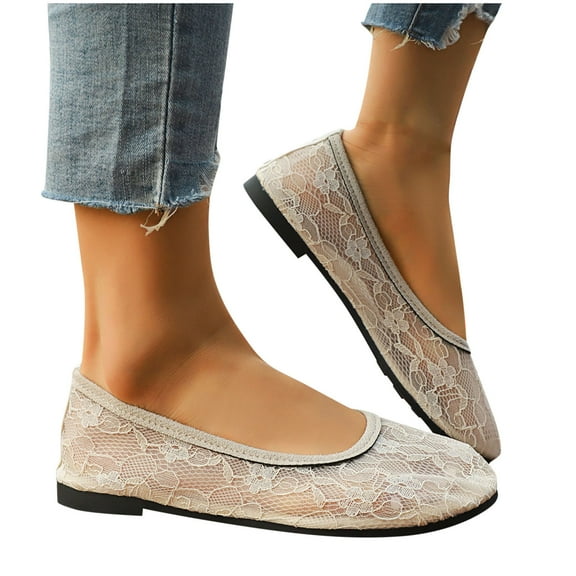 Xfvqtps Womens Mesh Ballet Flats Slip on Ballerina Flats Flower Embroidery Hollowed out Comfortable Casual Work Dress Shoes White