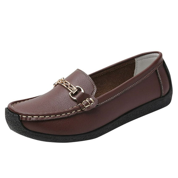 Xfvqtps Womens Metal Buckle Loafers Breathable Soft Sole Flat Shoes for Women Comfortable Slip on Casual Shoes Brown
