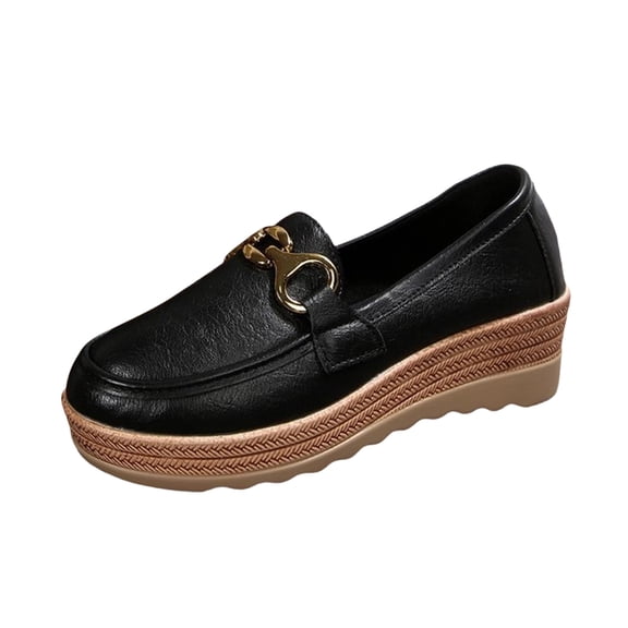 Xfvqtps Womens Metal Chain Loafers Comfortable Flat Wedge Shoes with Faux Leather and Cushioned Sole for Casual Four Season Wear Black