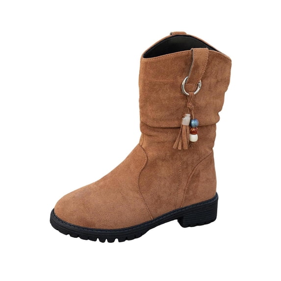 Xfvqtps Womens Mid Calf Boots with Tassel Decor Slouchy Suede Boots Pull on Low Block Heel Comfortable Casual Boho Fashion Fall Boots Brown