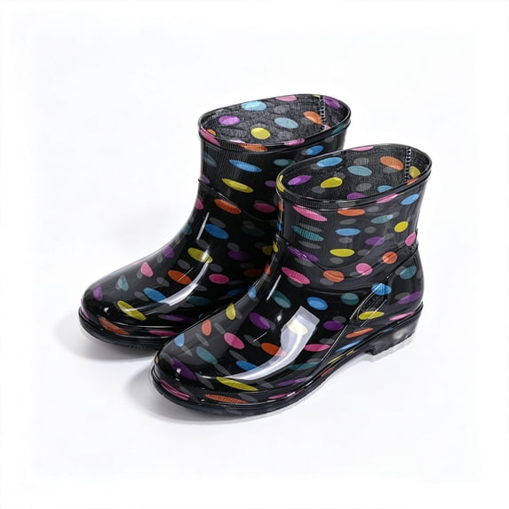 Xfvqtps Womens Mid Calf Rain Boots Waterproof PVC Polka Dot Print Non Slip Outdoor Garden Shoes