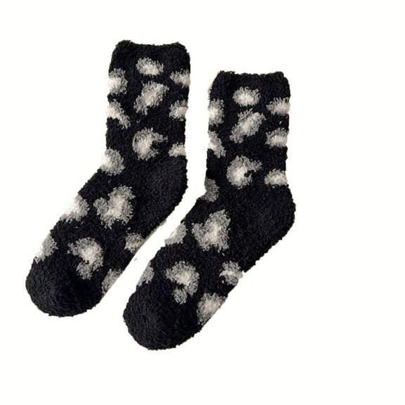 Xfvqtps Womens Mid Length Socks with Leopard Print and Half Fleece Coral Fleece Thickened Warm Comfortable Breathable Soft Sleeping Socks Black
