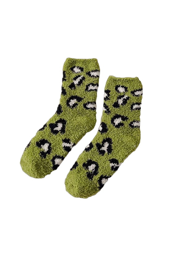 Womens Mid Length Socks with Leopard Print and Half Fleece Coral Fleece Thickened Warm Comfortable Breathable Soft Sleeping Socks Green