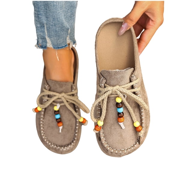 Xfvqtps Womens Moccasin Shoes Beaded Ethnic Style Flat Shoes Casual Comfortable Slip on Shoes with Soft Sole Khaki