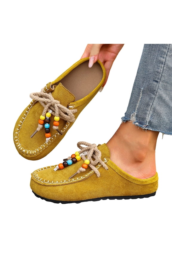 Womens Moccasin Shoes Beaded Ethnic Style Flat Shoes Casual Comfortable Slip on Shoes with Soft Sole Yellow