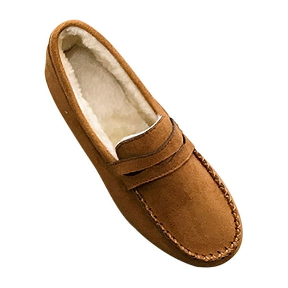 Xfvqtps Womens Moccasin Slippers Plush Fleece Line Suede Upper Simplicity Solid Color Slip On Comfortable Non Slip Warm Winter Flock Shoes Soft Flat Bottom Doudou Shoes Brown