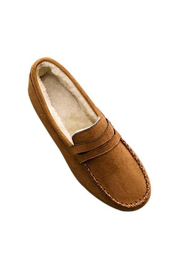 Womens Moccasin Slippers Plush Fleece Line Suede Upper Simplicity Solid Color Slip On Comfortable Non Slip Warm Winter Flock Shoes Soft Flat Bottom Doudou Shoes Brown