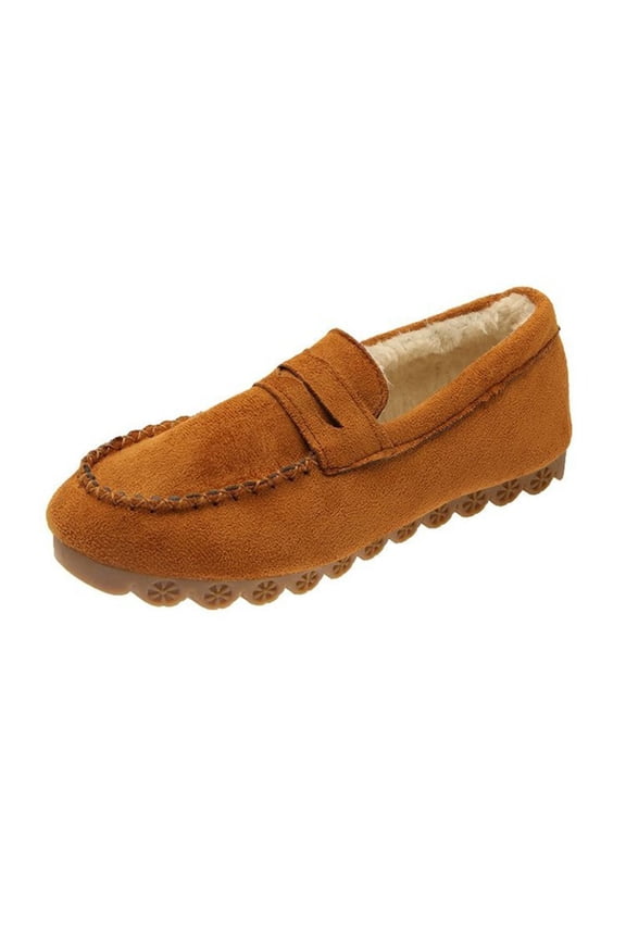Womens Moccasin Slippers Plush Fleece Line Faux Suede Upper Solid Color Slip on Non Slip Flat Soft Sole Warm Winter Shoes