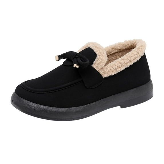 Xfvqtps Womens Moccasin Slippers Suede Leather Sherpa Plush Lining Padded Insole Gripped Rubber Outsoles Solid Color Slip on Bow Soft Sole Comfortable Non Slip Warm Winter Flock Shoes Black