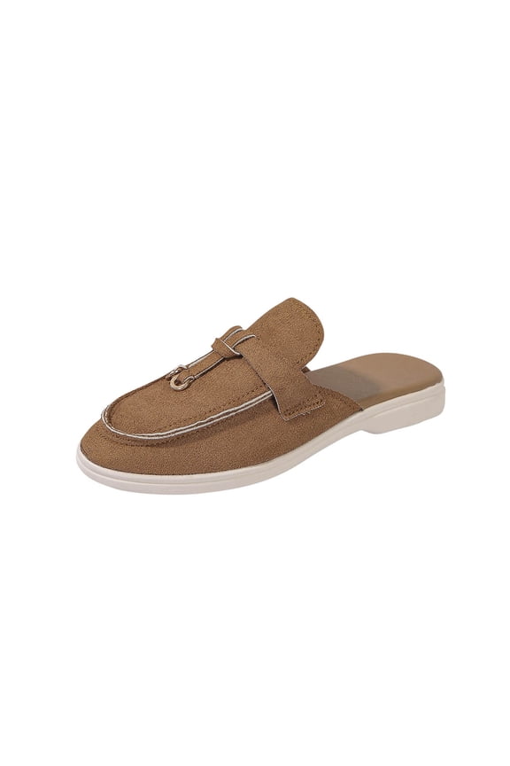 Womens Mules Slip on Shoes Loafers Style Metal Accents Soft Insole Lightweight Sole Suede Like Material Versatile Colors Casual Comfort Footwear Coffee