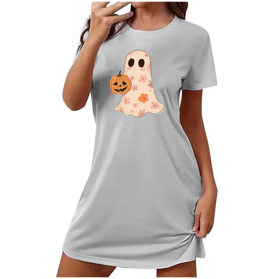 Xfvqtps Womens Nightgown Cute Chest Print Ghost Pumpkin Cropped Short Sleeve Crewneck Solid Color Fashion Comfortable Pajamas Gray