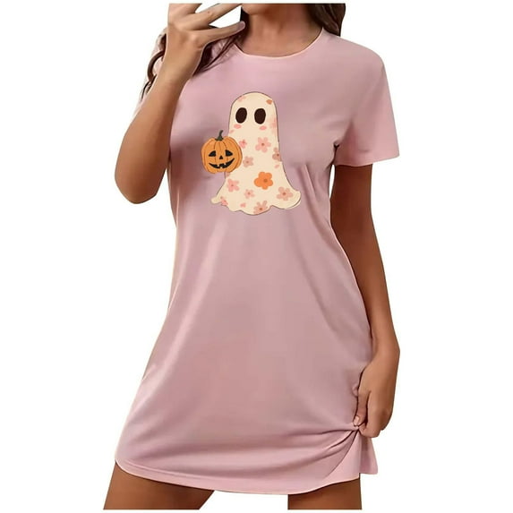 Xfvqtps Womens Nightgown Cute Chest Print Ghost Pumpkin Cropped Short Sleeve Crewneck Solid Color Fashion Comfortable Pajamas Pink