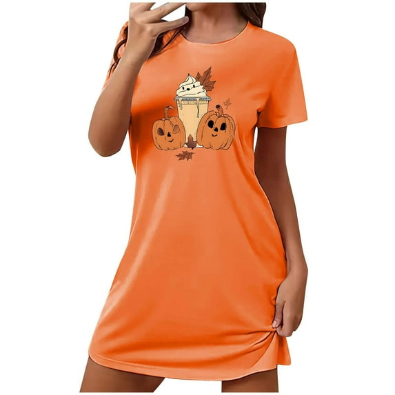Xfvqtps Womens Nightgown Cute Chest Print Pumpkin Cropped Short Sleeve Crewneck Solid Color Fashion Comfortable Pajamas Orange