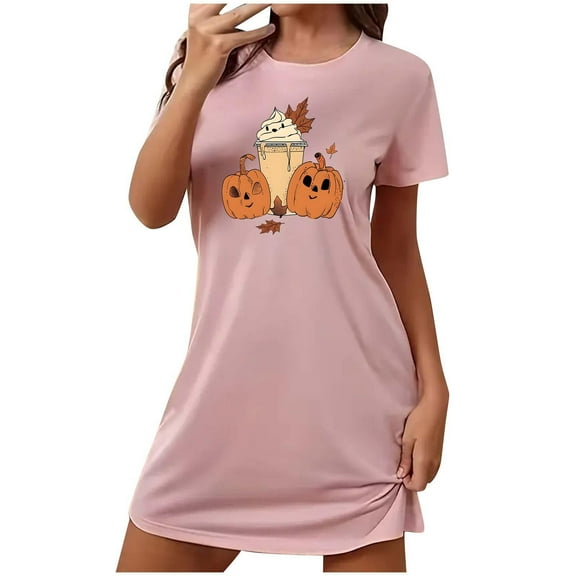 Xfvqtps Womens Nightgown Cute Chest Print Pumpkin Cropped Short Sleeve Crewneck Solid Color Fashion Comfortable Pajamas Pink
