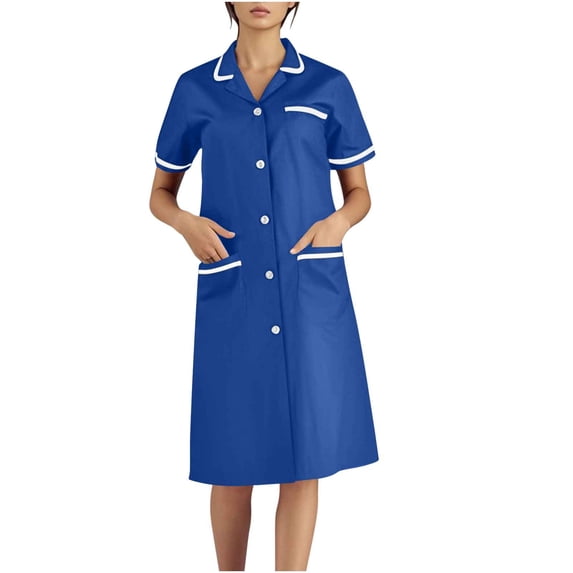 Xfvqtps Womens Nurse Dress with Pockets Button Short Sleeve Splicing Lapel Caregiver Work Dress Blue