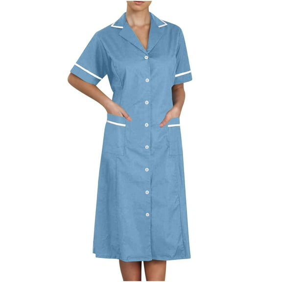 Xfvqtps Womens Nurse Dress with Pockets Button Short Sleeve Splicing Lapel Caregiver Work Dress Light Blue