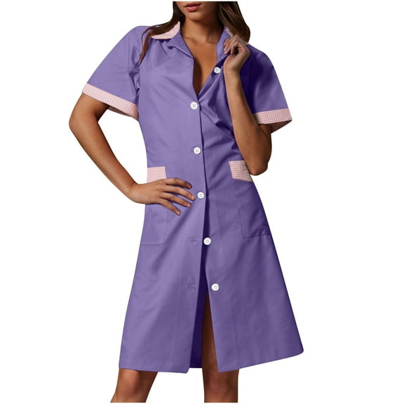 Xfvqtps Womens Nurse Dress with Pockets Button Short Sleeve Splicing Lapel Caregiver Work Dress Purple