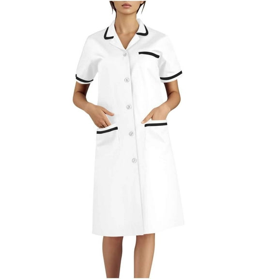 Xfvqtps Womens Nurse Dress with Pockets Button Short Sleeve Splicing Lapel Caregiver Work Dress White