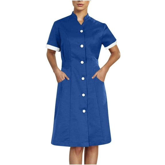 Xfvqtps Womens Nurse Dress with Pockets Button Short Sleeve Splicing Stand Collar Caregiver Work Dress Blue