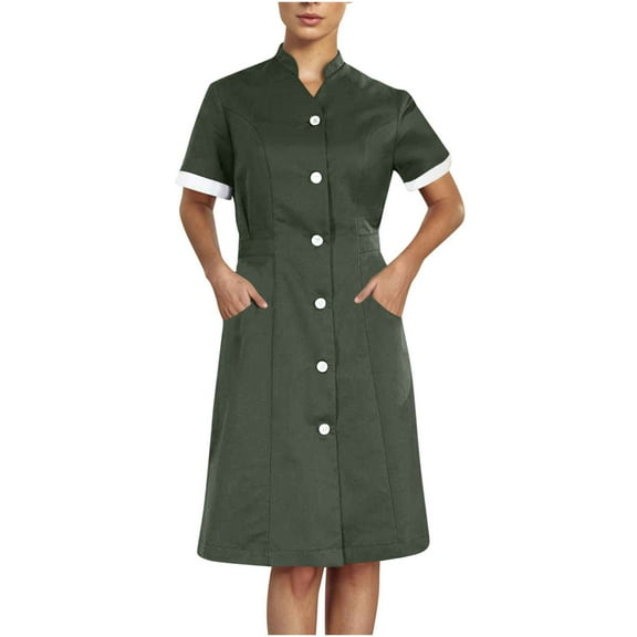 Xfvqtps Womens Nurse Dress with Pockets Button Short Sleeve Splicing Stand Collar Caregiver Work Dress Olive Green