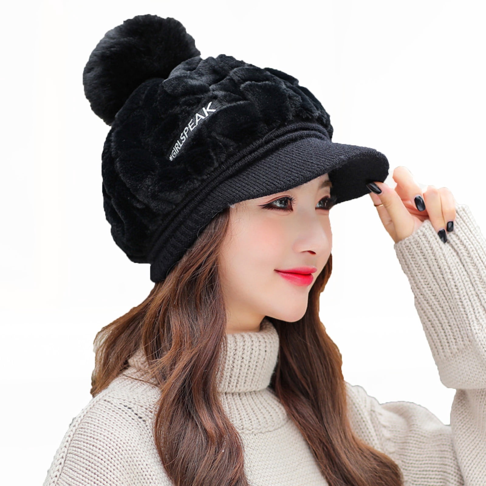 Xfvqtps Womens Octagon Cap Beret Hats with Plush Pompom Knitted