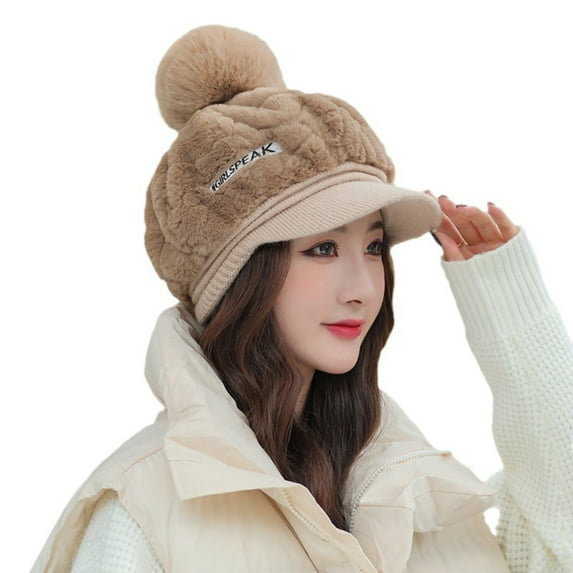 Xfvqtps Womens Octagon Cap Beret Hats with Plush Pompom Knitted Brim Flannel Soft Solid Color Fashion Versatile Warm Fall Winter Newsboy Cap Khaki