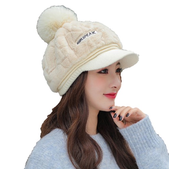 Xfvqtps Womens Octagon Cap Beret Hats with Plush Pompom Knitted Brim Flannel Soft Solid Color Fashion Versatile Warm Fall Winter Newsboy Cap White