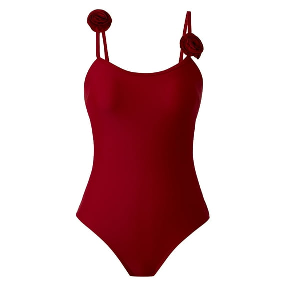 Xfvqtps Womens One Piece Swimsuit 3D Flower High Cut Square Neck Adjustable Spaghetti Strap Tummy Control Solid Color Beach Summer Monokini Swimsuit Red