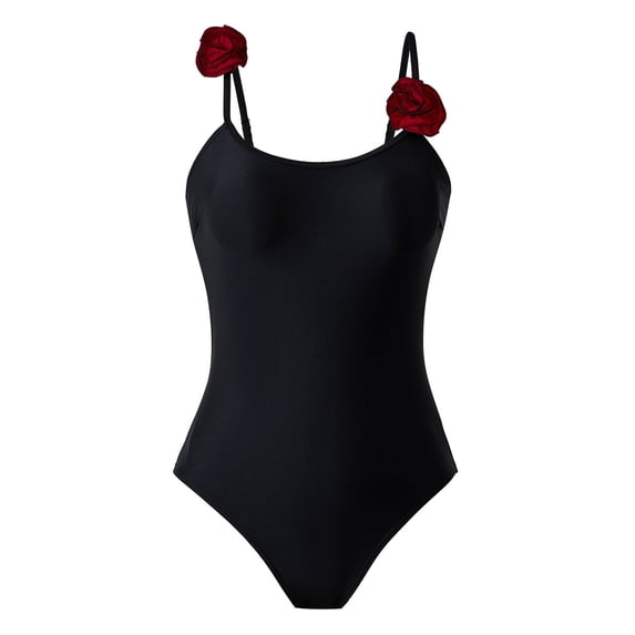 Xfvqtps Womens One Piece Swimsuit 3D Flower High Cut Square Neck Adjustable Spaghetti Strap Tummy Control Solid Color Beach Summer Monokini Swimsuit Black
