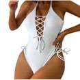 thumbnail image 1 of Xfvqtps Womens One Piece Swimsuit Halter High Cut Waist with Drawstring Deep V Neck Chest Lace up Cross Straps Tummy Control Backless Beach Summer Monokini Thong Bathing Suit White, 1 of 9