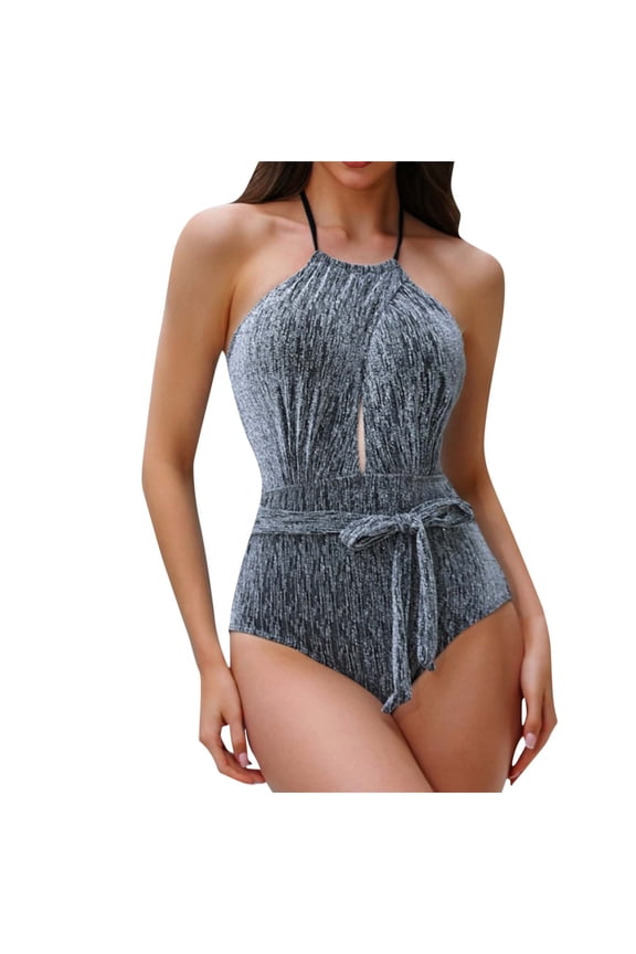 Womens One Piece Swimsuit Halter with Keyhole Lace up Front Hollow out Belt Sequin Flash High Cut Sleeveless Backless Spaghetti Strap Beach Summer Monokini Swimwear Gray