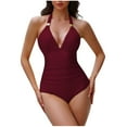 thumbnail image 1 of Xfvqtps Womens One Piece Swimsuit Halter Lace up Deep V Neck Metal Decoration High Cut Ruched Backless Solid Color Beach Summer Monokini Swimwear Wine, 1 of 6
