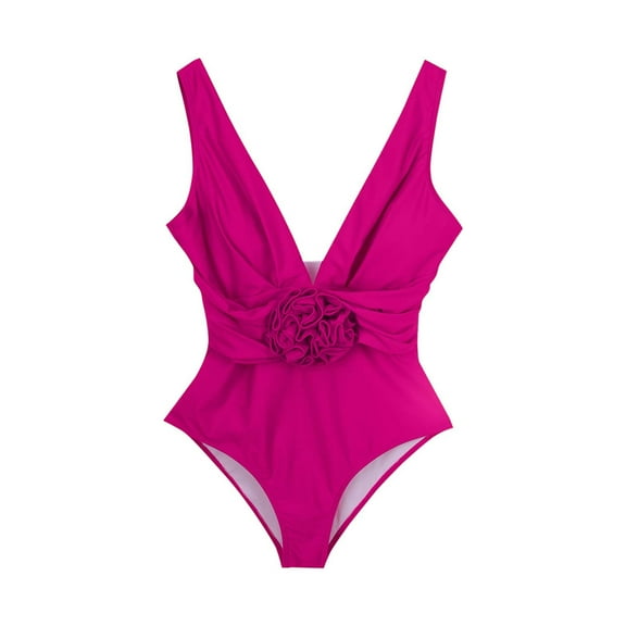 Xfvqtps Womens One Piece Swimsuit High Cut Backless Deep V Neck Tummy Control Floral Solid Color Beach Summer Monokini Thong Swimsuit Hot Pink