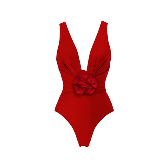 Xfvqtps Womens One Piece Swimsuit High Cut Backless Deep V Neck Tummy Control Floral Solid Color Beach Summer Monokini Thong Swimsuit Red