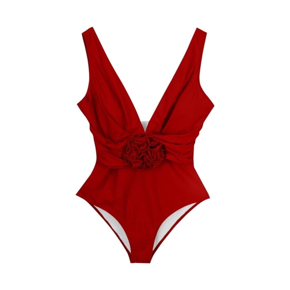 Xfvqtps Womens One Piece Swimsuit High Cut Backless Deep V Neck Tummy Control Floral Solid Color Beach Summer Monokini Thong Swimsuit Red