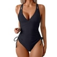 thumbnail image 1 of Xfvqtps Womens One Piece Swimsuit High Cut with Drawstring Back Cut out Ring Linked V Neck Adjustable Strap Tummy Control Solid Color Beach Summer Monokini Swim Suit Black, 1 of 8